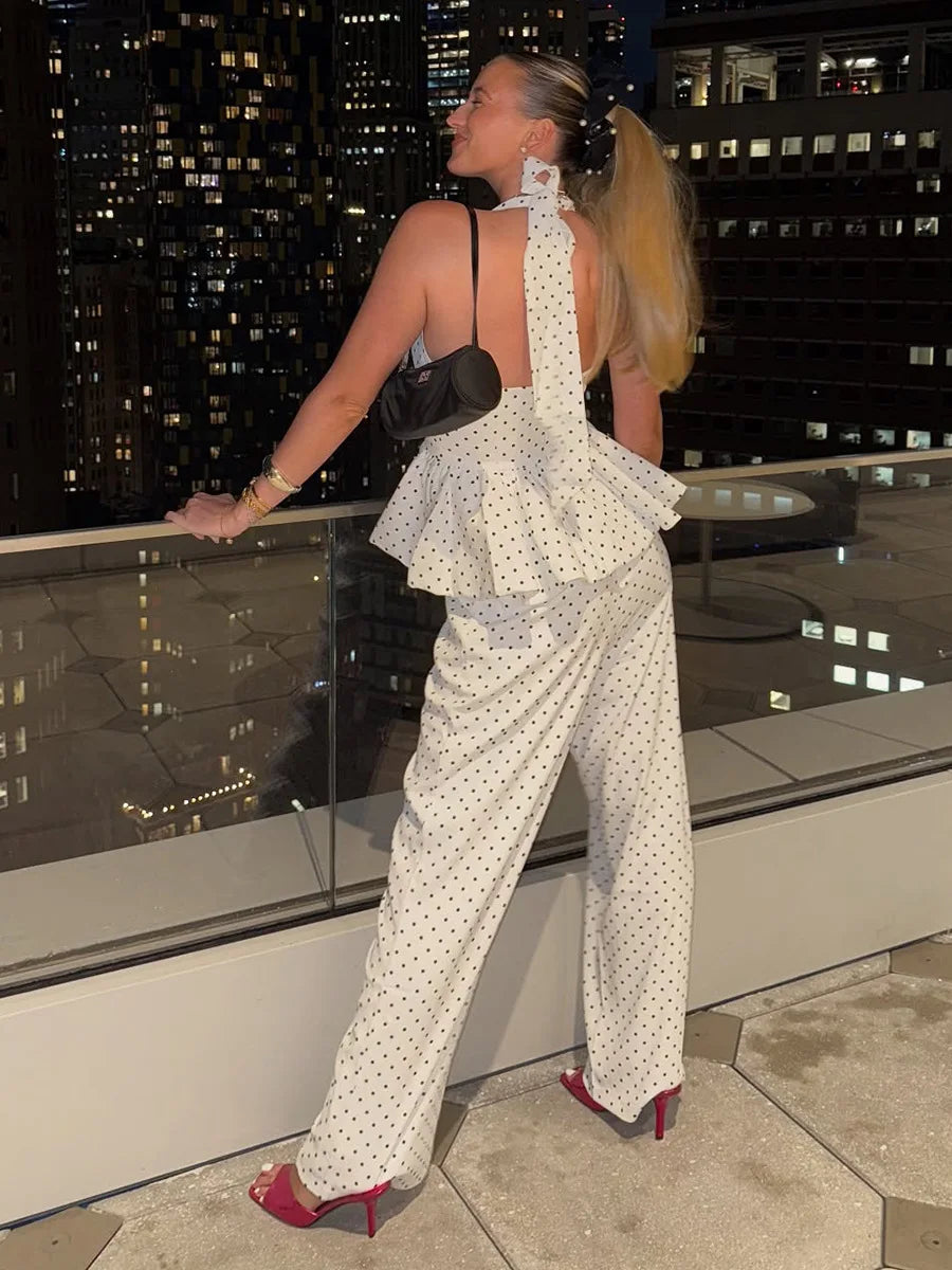 Women's 2026 Spring Summer New Polka Dot Printed Pants Set Hot Girl Vibe Halter Cami Wide-Leg Pants 2-Piece Outfit