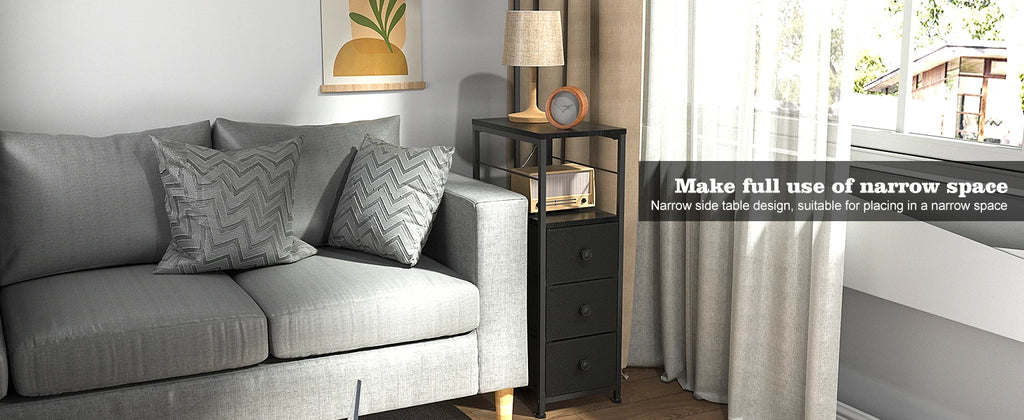 Narrow Slim Dresser & Bedside Table | 3 Fabric Drawers w/ Open Shelves | Space-Saving Storage Cabinet