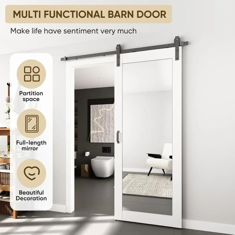 36" by 80" Solid Wood Mirrored Barn Door with 6.6 Feet Hardware Kit and Full-Length Mirror