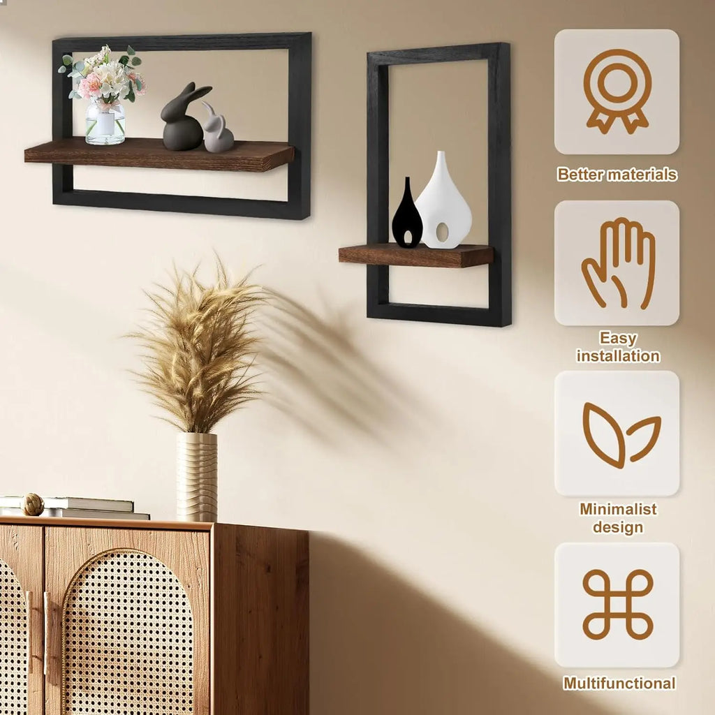 2Pcs Solid Wood Floating Shelves Set/ Wall Mounted Square Frame/ Hanging Shelf/ Modern Home Decor/ Organizer Rack for Living Room/ Bedroom Bathroom Plant Display /Aesthetic Room Accessories Wall Art Storage