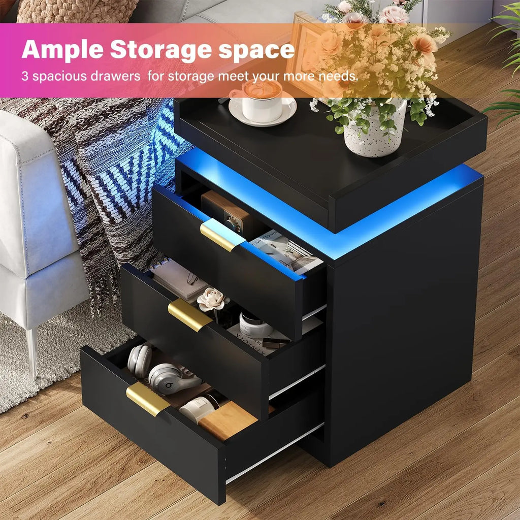 LED End Tables, Set of 2 with Charging Station USB Ports, 3-Drawer Table