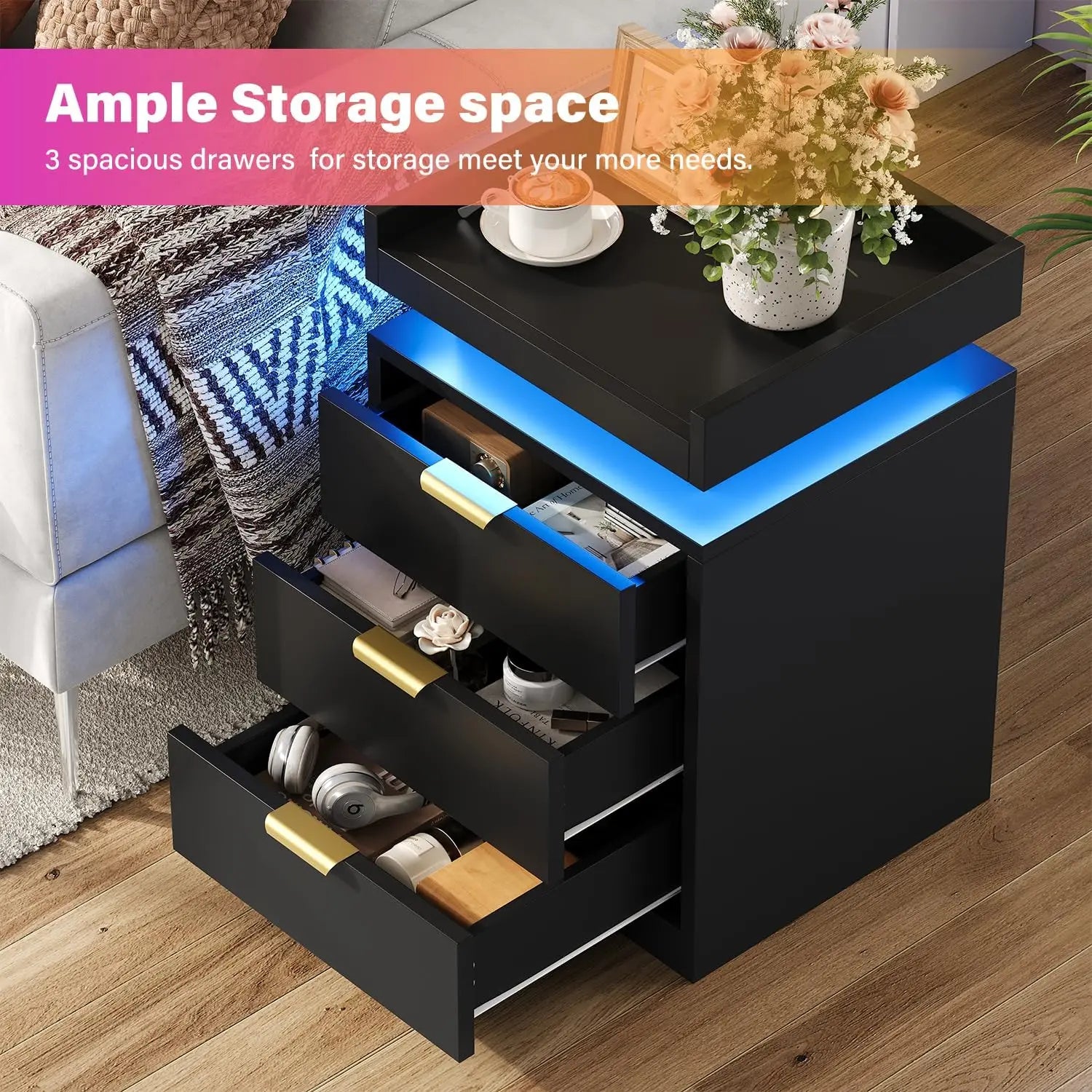 LED End Tables, Set of 2 with Charging Station USB Ports, 3-Drawer Table