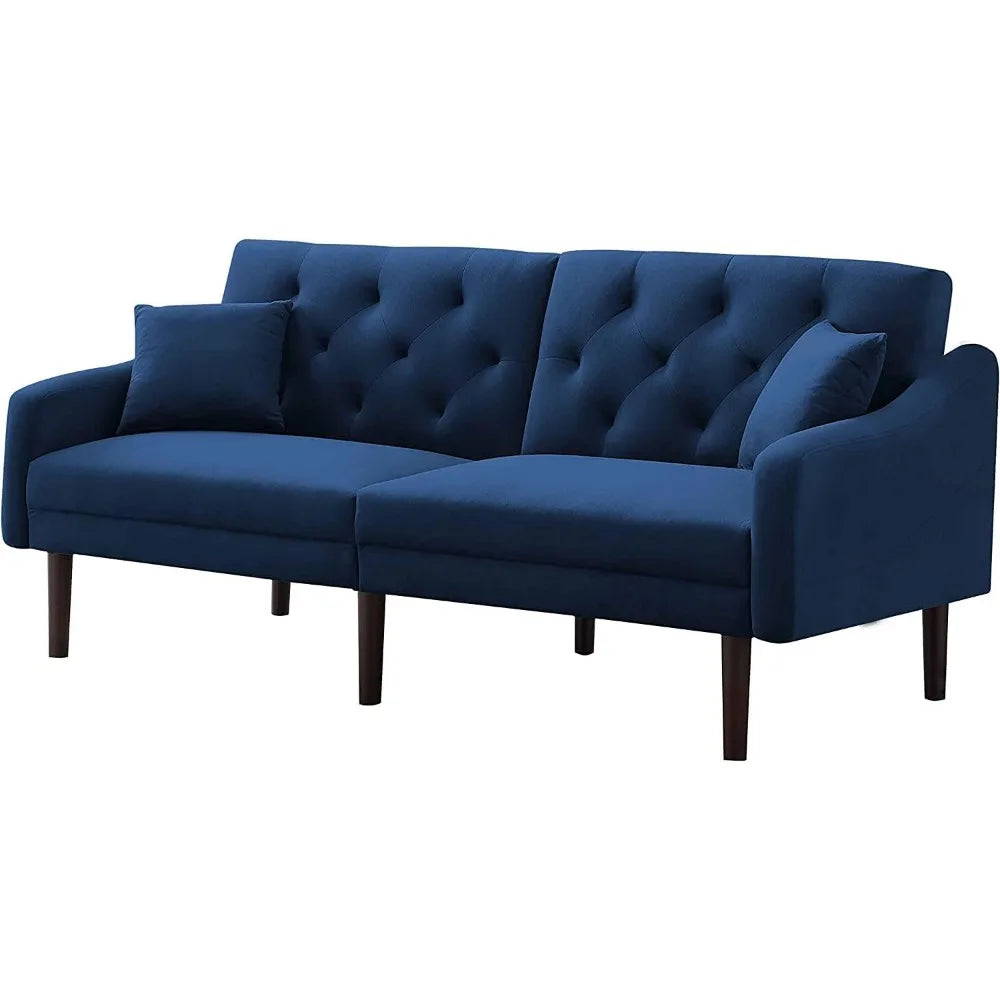 Convertible Futon Sofa Bed & Upholstered Velvet  Folding Sleeper Couch with 2 Pillows & Adjustable Backrest, Living Room Sofa