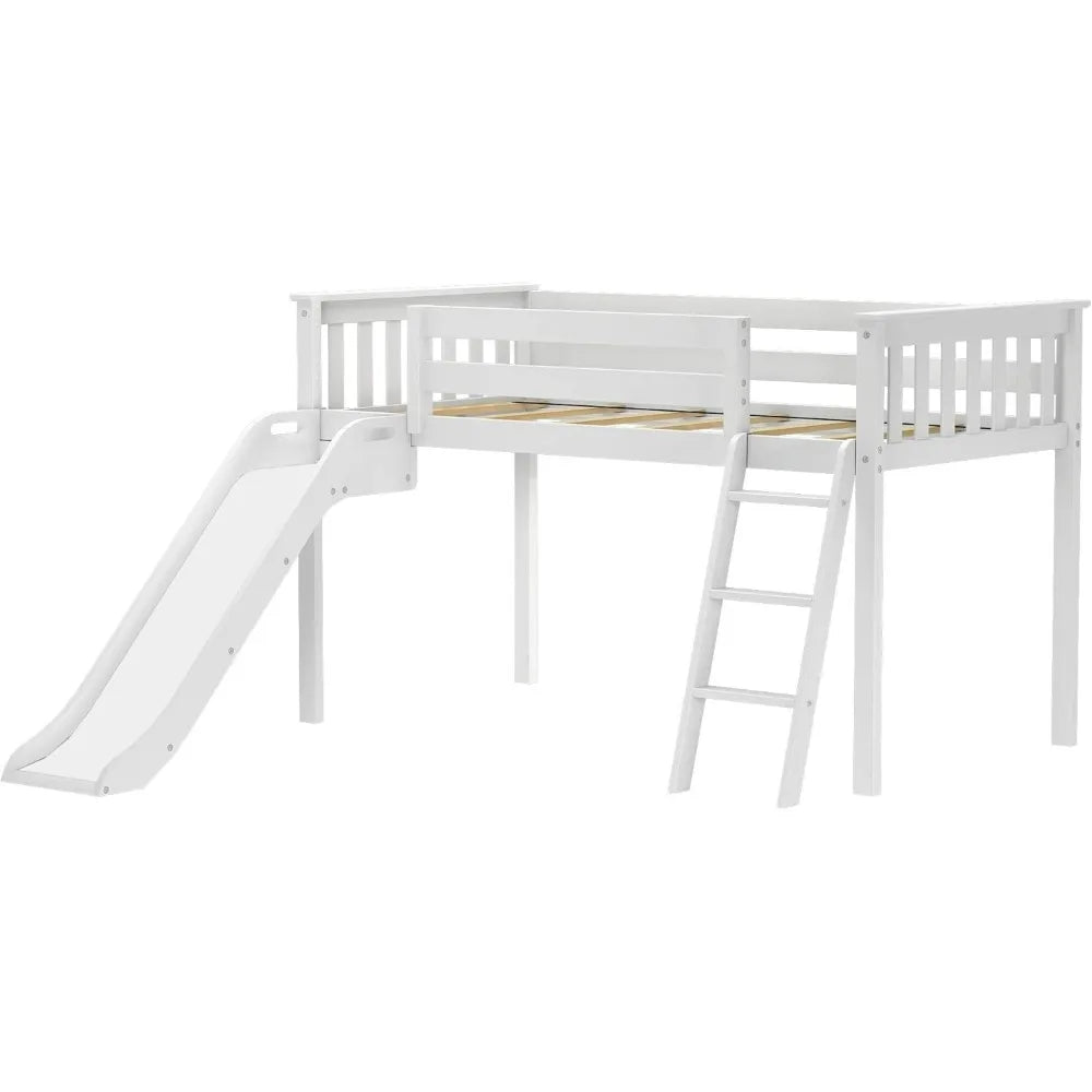 Twin-Size Low Loft Bed with Slide and Ladder - Durable Solid Wood Children's Bedroom Furniture, Supports Up to 400 Pounds