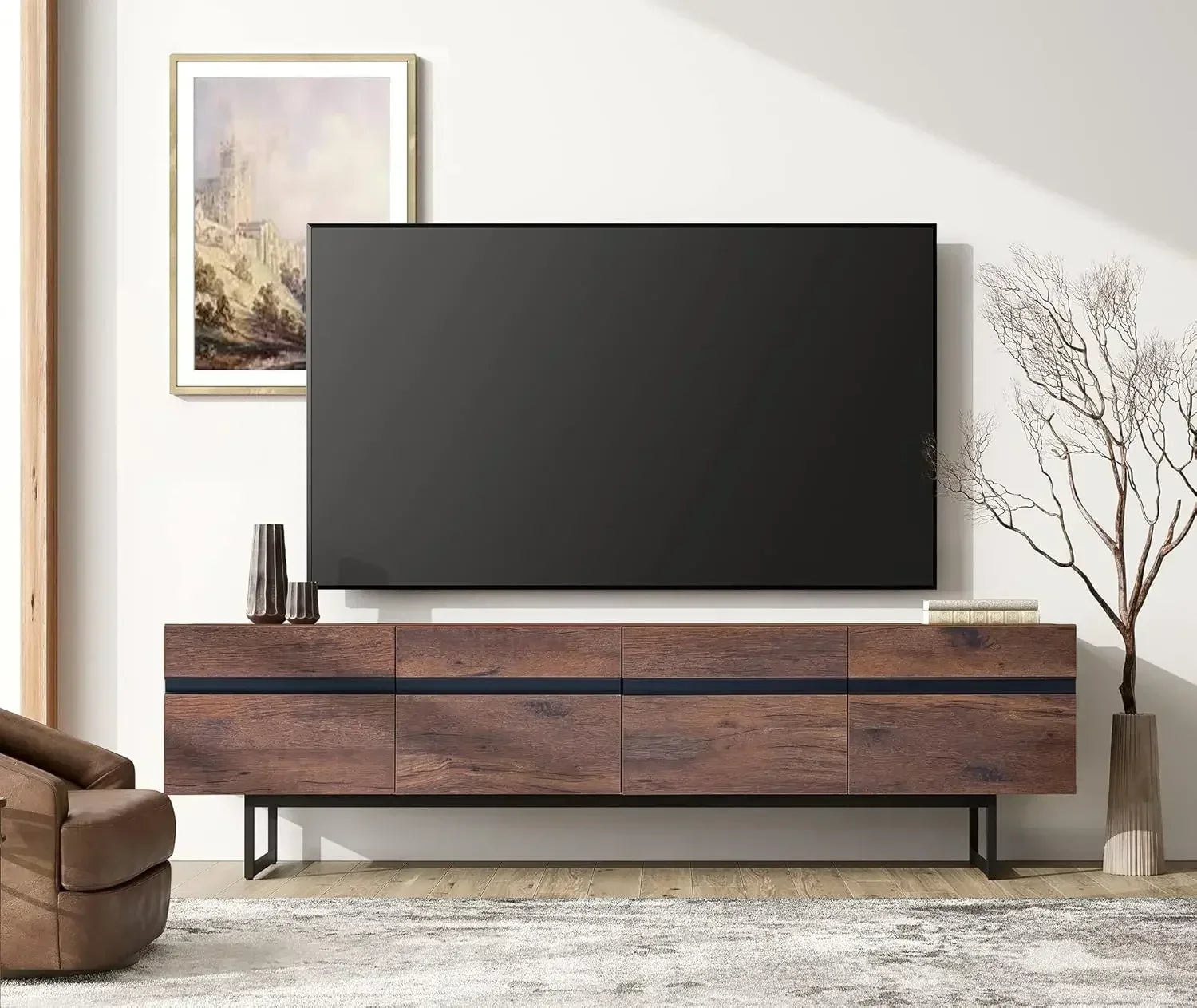 Modern TV Stand for up to 75" TV, Wood Entertainment Center, TV Console Table with Storage Cabinets/ Media Console
