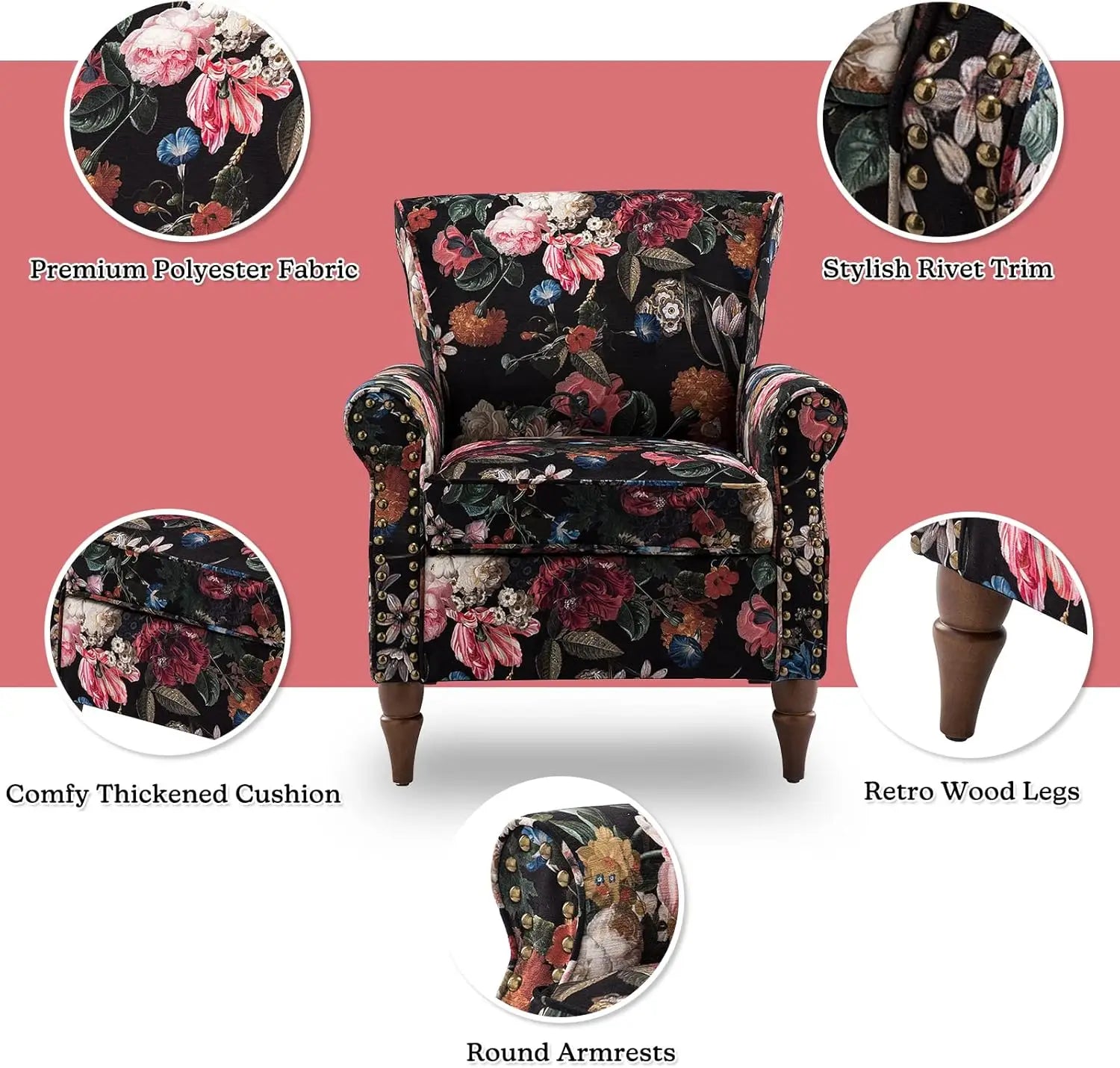 Modern Wingback Accent Chair with Wood Legs & Removable Cushion, Comfy Upholstered Armchair with Nail Head Trim