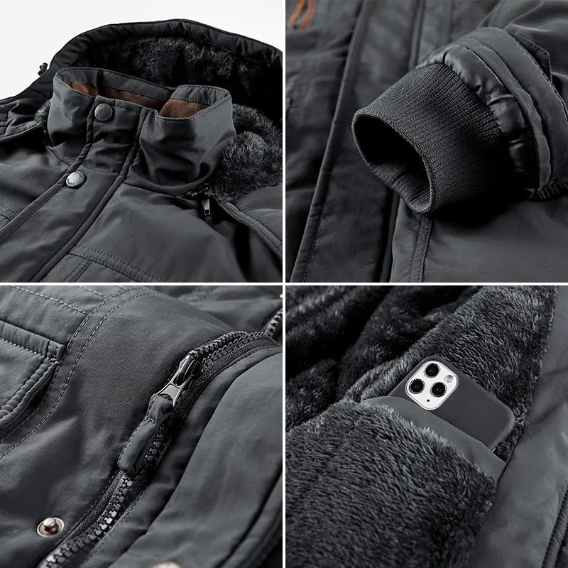 Thick Coat Winter/ Outdoor Running/ Sports/ Windproof/ Warm Fleece Hooded Cargo Jacket/ Men Removable Hood/ Thick, Warm Fleece Jacket