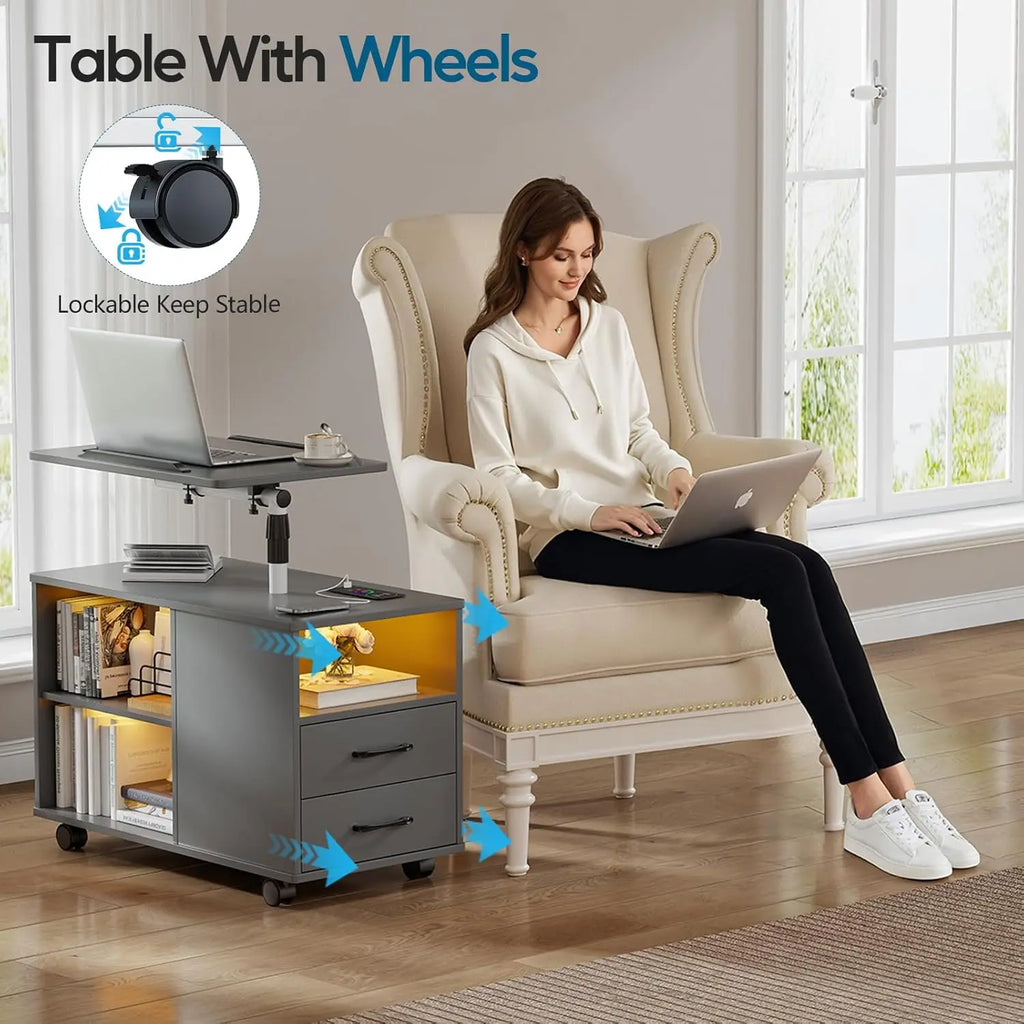 Nightstand with Charging Station, Bedside Table with LED Lights, Smart Side End Tabel Has Adjustable Rotary Table