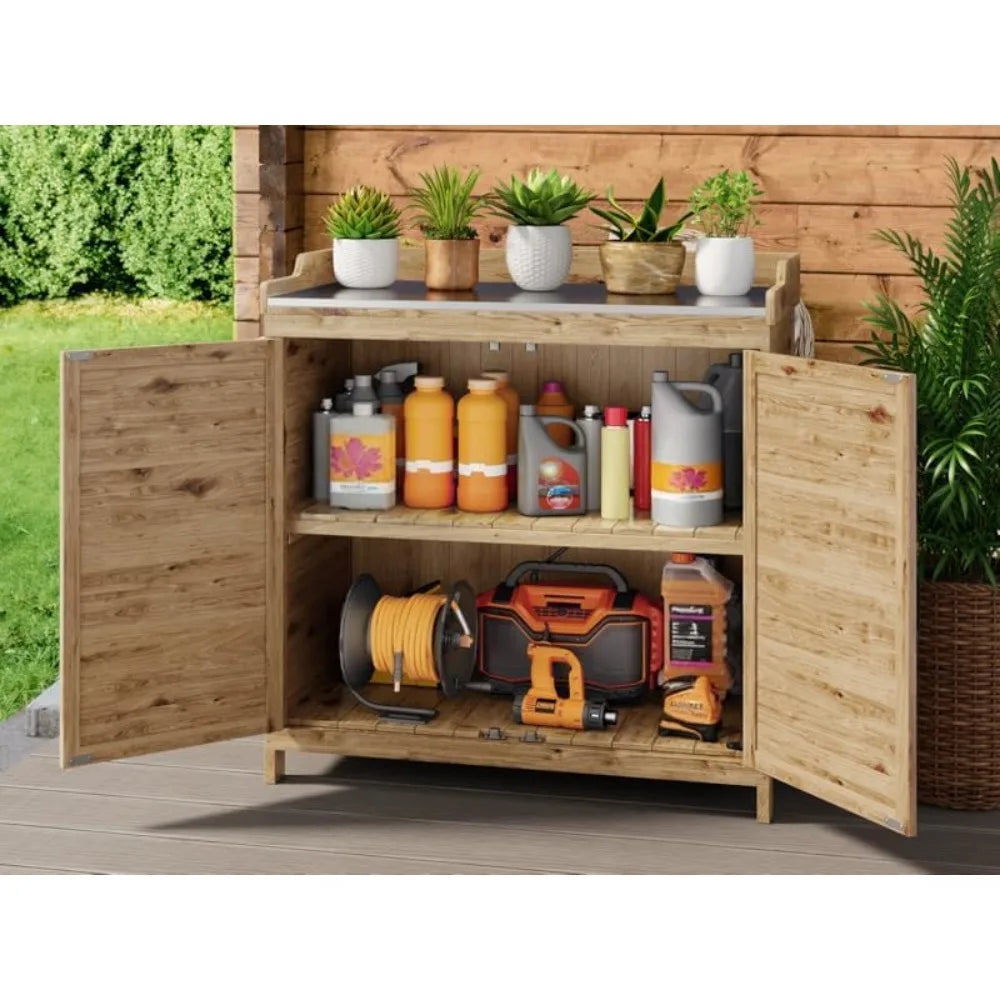 Outdoor Potting Bench with Metal Tabletop, Outdoor Garden Patio Wooden Storage Cabinet with Adjustable Shelf, Double Doors