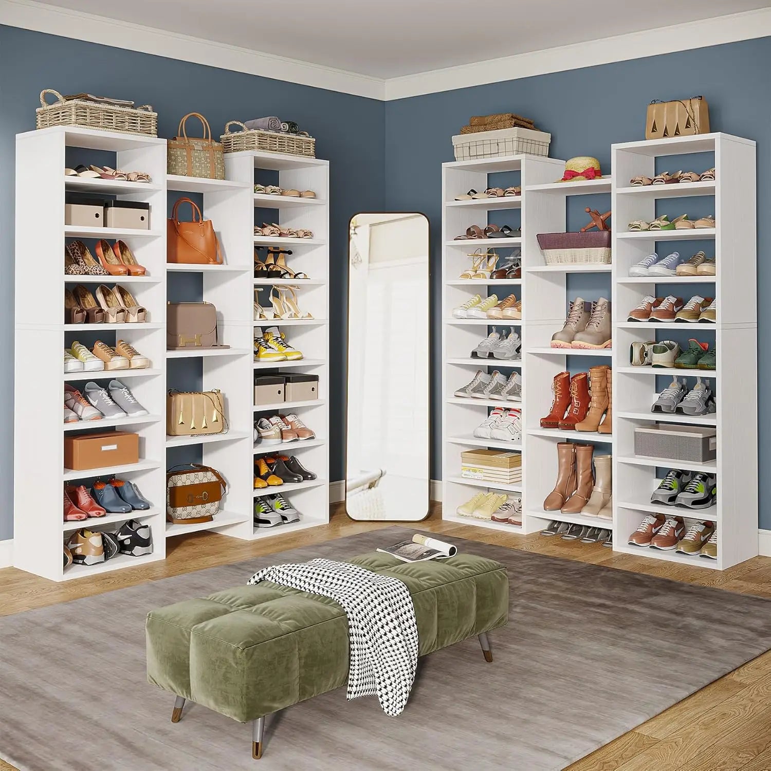 14 Tier Shoe Storage Cabinet, 46 Pair Wooden Shoe Rack Organizer with 22 Open Cubbies for Closet/ Hallway/ Bedroom