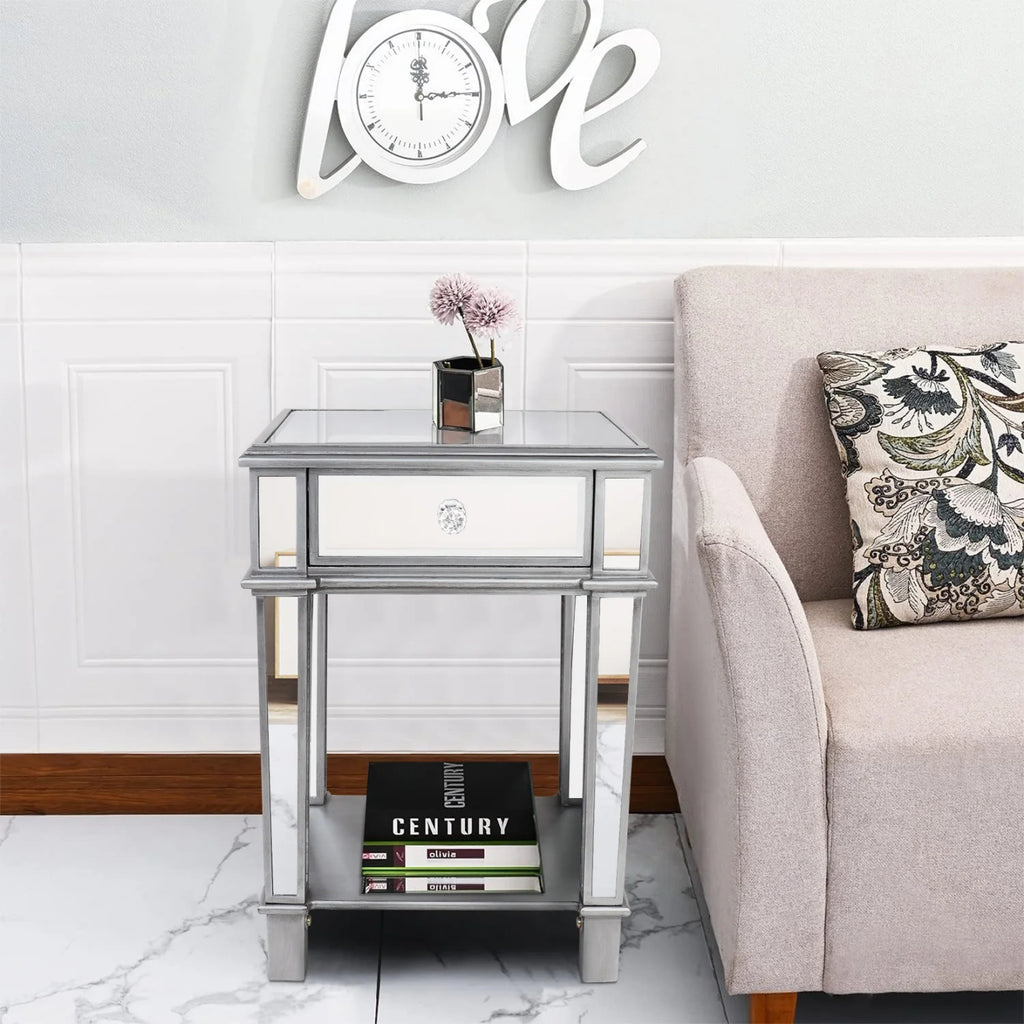 Silver Mirrored Nightstand, End Side Table for Bedroom, Living Room Bedside Table with Drawer and Open Shelf