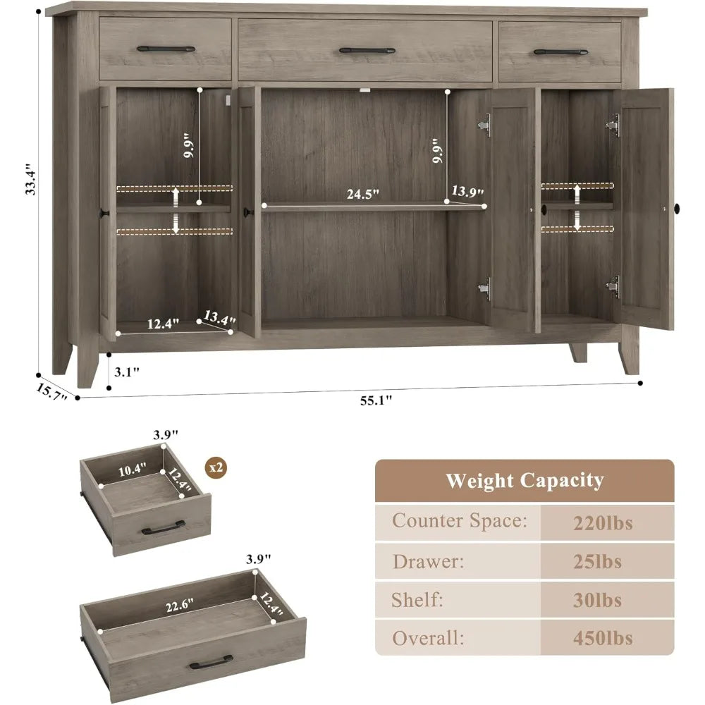 55" Modern Farmhouse Sideboard Buffet with Drawers, Large Kitchen Storage Cabinet, Adjustable Shelves, Grey