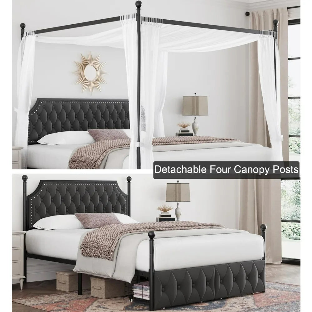 Queen Size Upholstered Canopy Bed Frame with Button Tufted Headboard, Metal Platform Base, and 2 Storage Drawers