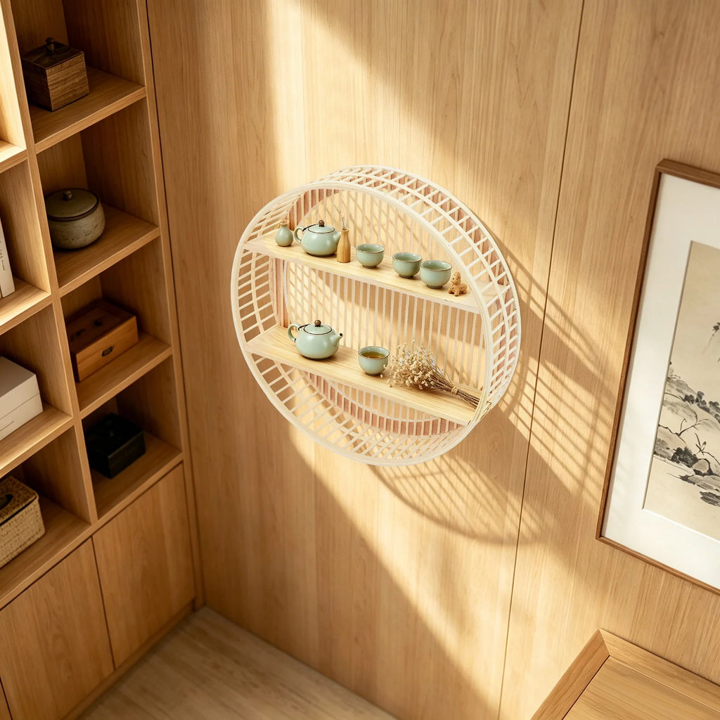 Round Wall Shelf 2 Tier Circle Wicker Hanging Shelf Display Storage Farmhouse Home Decorations or Dining Room/ Living Room/ Office/ Kitchen/Bathroom