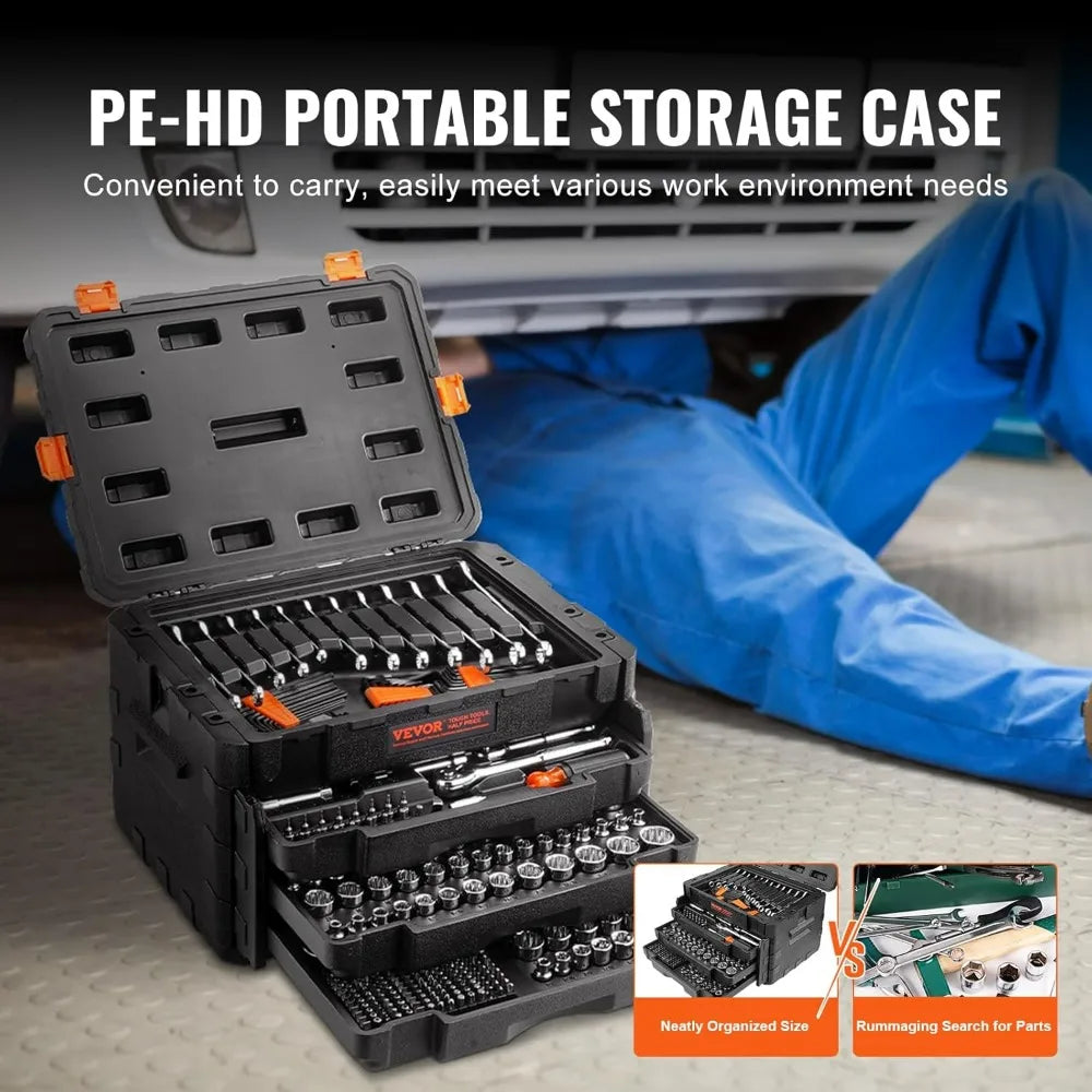 Complete 450-Piece Mechanics Tool Kit with 1/4, 3/8, and 1/2 Drive Deep and Standard Sockets in SAE and Metric