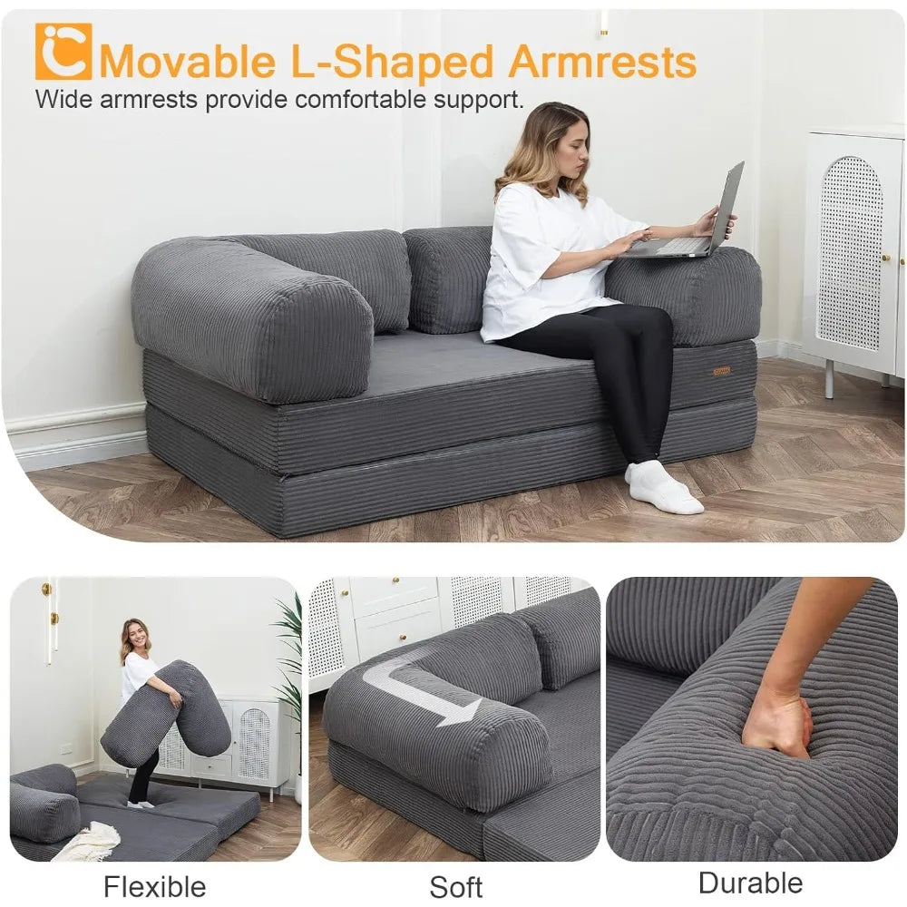Futon Sofa Bed, 4-in-1 Floor Foldable Sofa Couch/Queen Bed with L-Shaped Armrests, Convertible Folding Chair Bed Sleeper