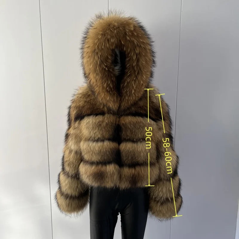 BEIZIRU Women's Real Raccoon Fur Coat Winter Long Sleeve Hooded Jacket with Turndown Collar/ Natural Luxury /Thick Top