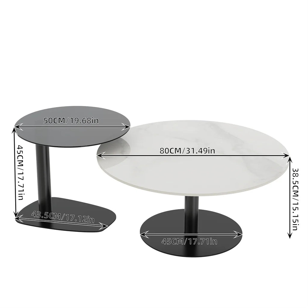 LUVODI Modern Round Marble Coffee Table Set of 2 Living Room Center Table Sofa Side Desk with Black Glass End Table w Metal Legs