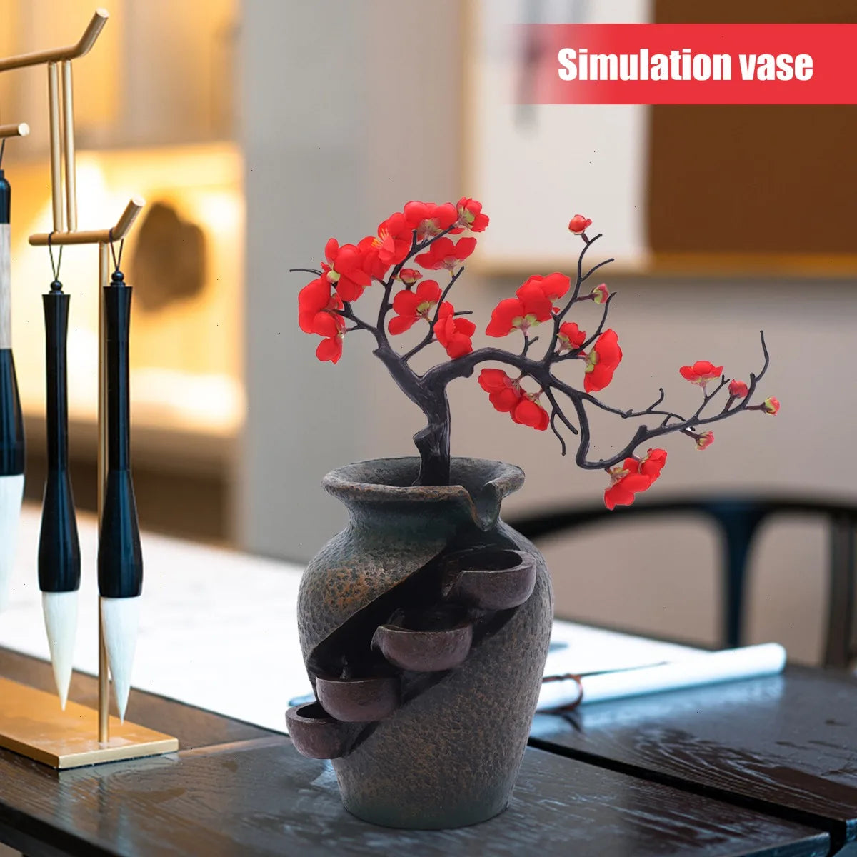 Tabletop Fountain, Vase Shape, Flowing Water, Simulated Flowers, Resin, Low Noise Pump, for Home Decoration, Office Desk, Living Room, Bedroom, Art Decor, Relaxing