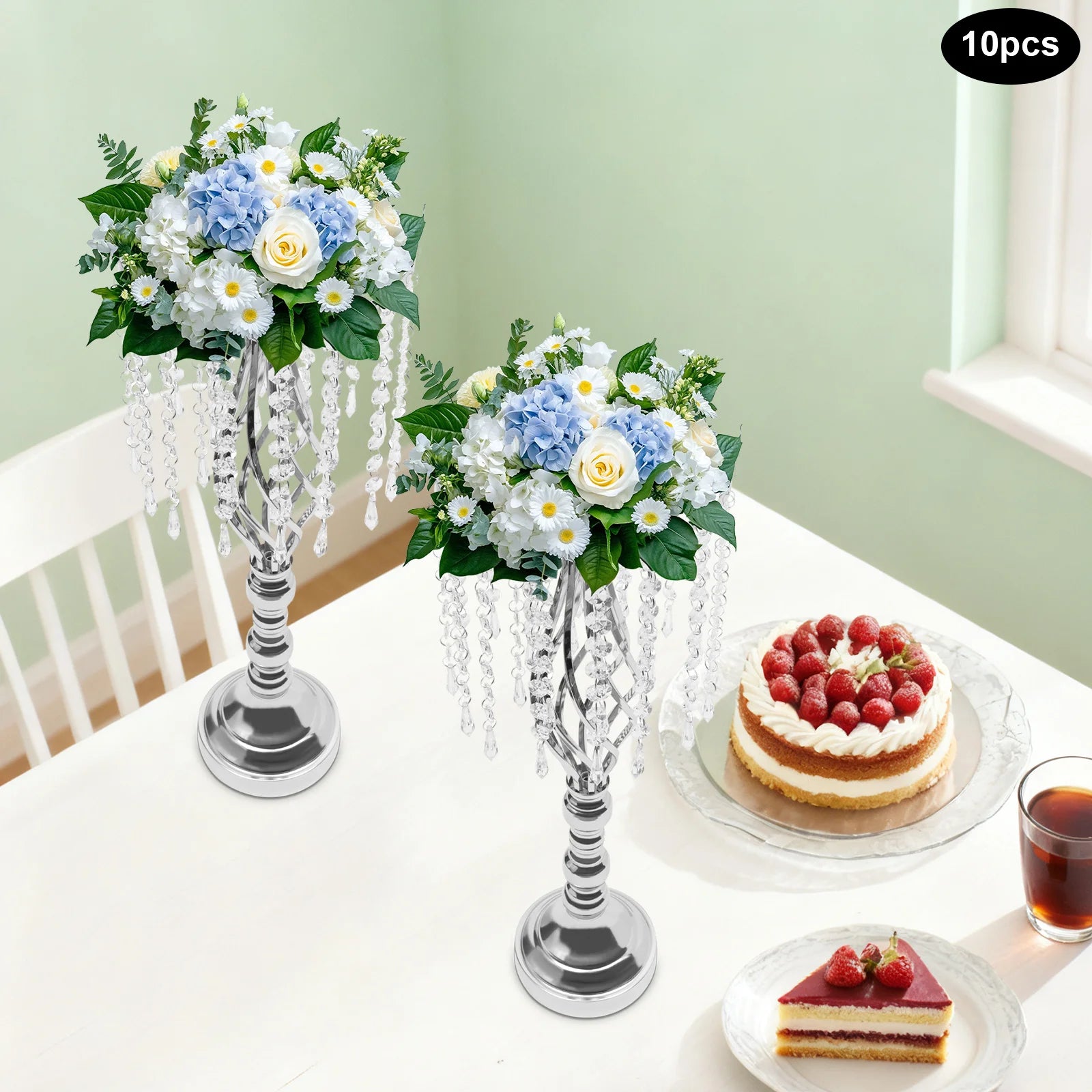 10 Pcs Crystal Flower Stand, Wedding Party Decor Flower Arrangement Stand，21.7in/55cm Tall Elegant Tabletop/Metal Flower Vase