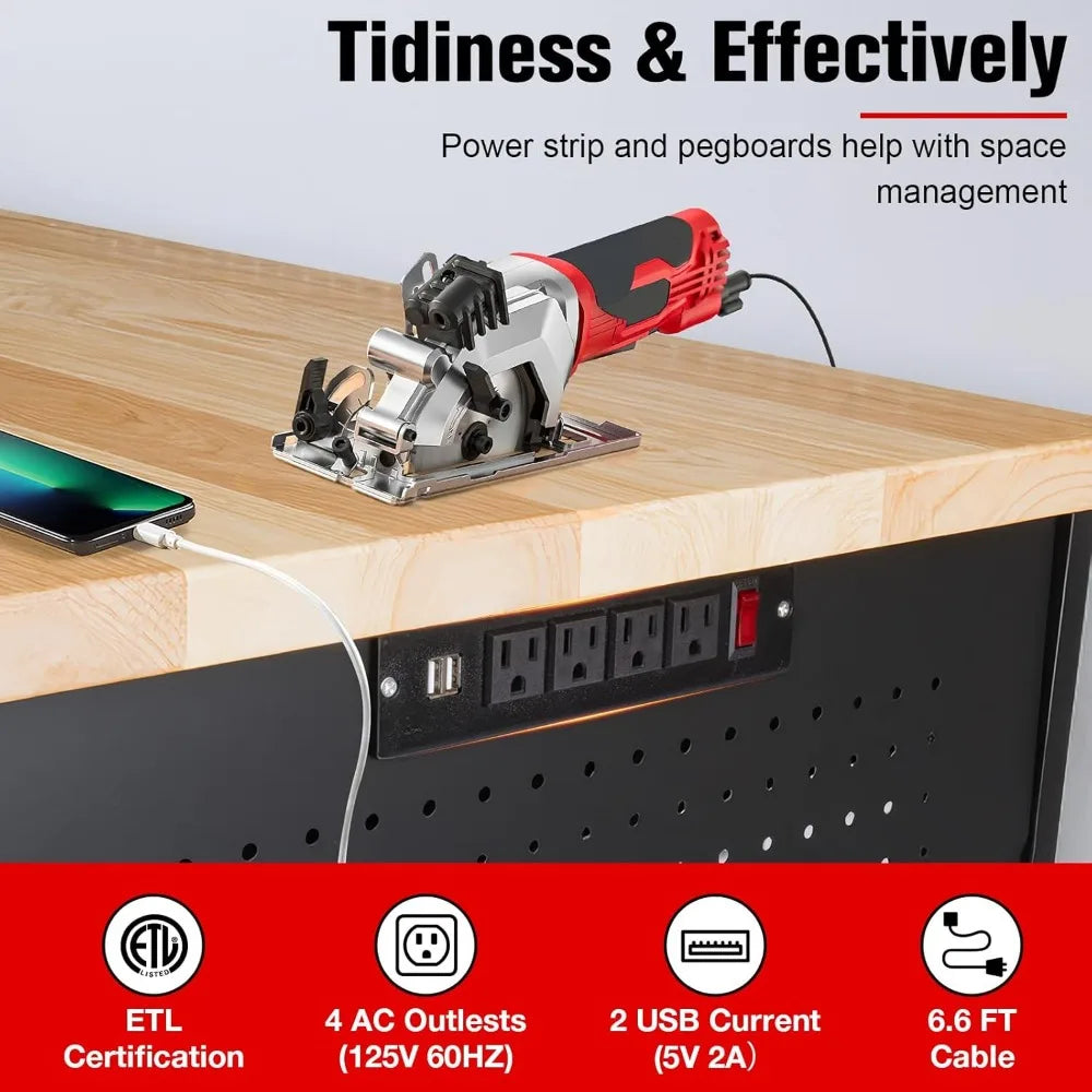 60" Garage Workbench with Storage Drawers, Adjustable Table, Large Pegboard, and Strip Lighting, Supporting 2000 LBS