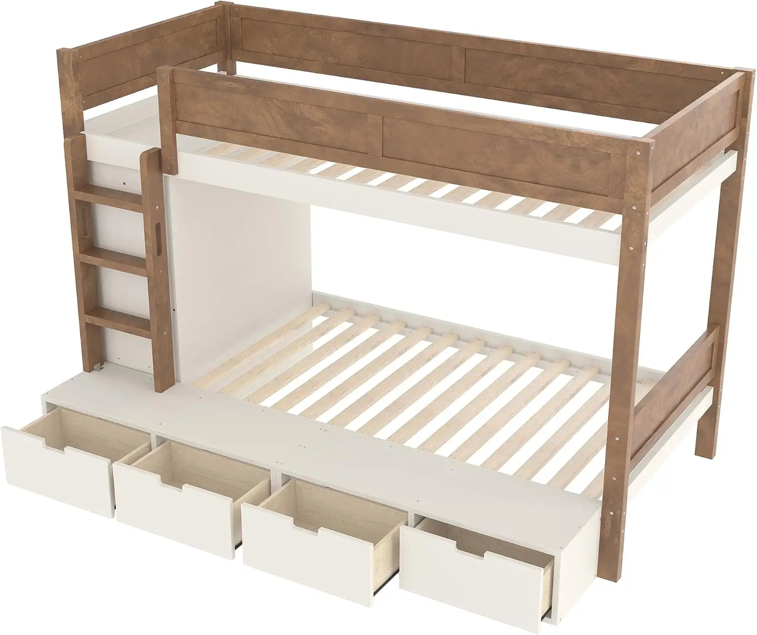 Twin Over Twin Bunk Bed with 4 Drawers for Kids, Wood Twin Bunk Beds with Wardrobe and Full-Length Guardrails, Beige+Natural