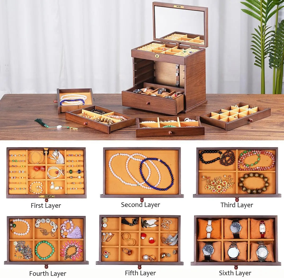 Large Vintage Wooden 5-Drawer Jewelry Organizer Box with Lock for Necklaces, Rings, and Earrings