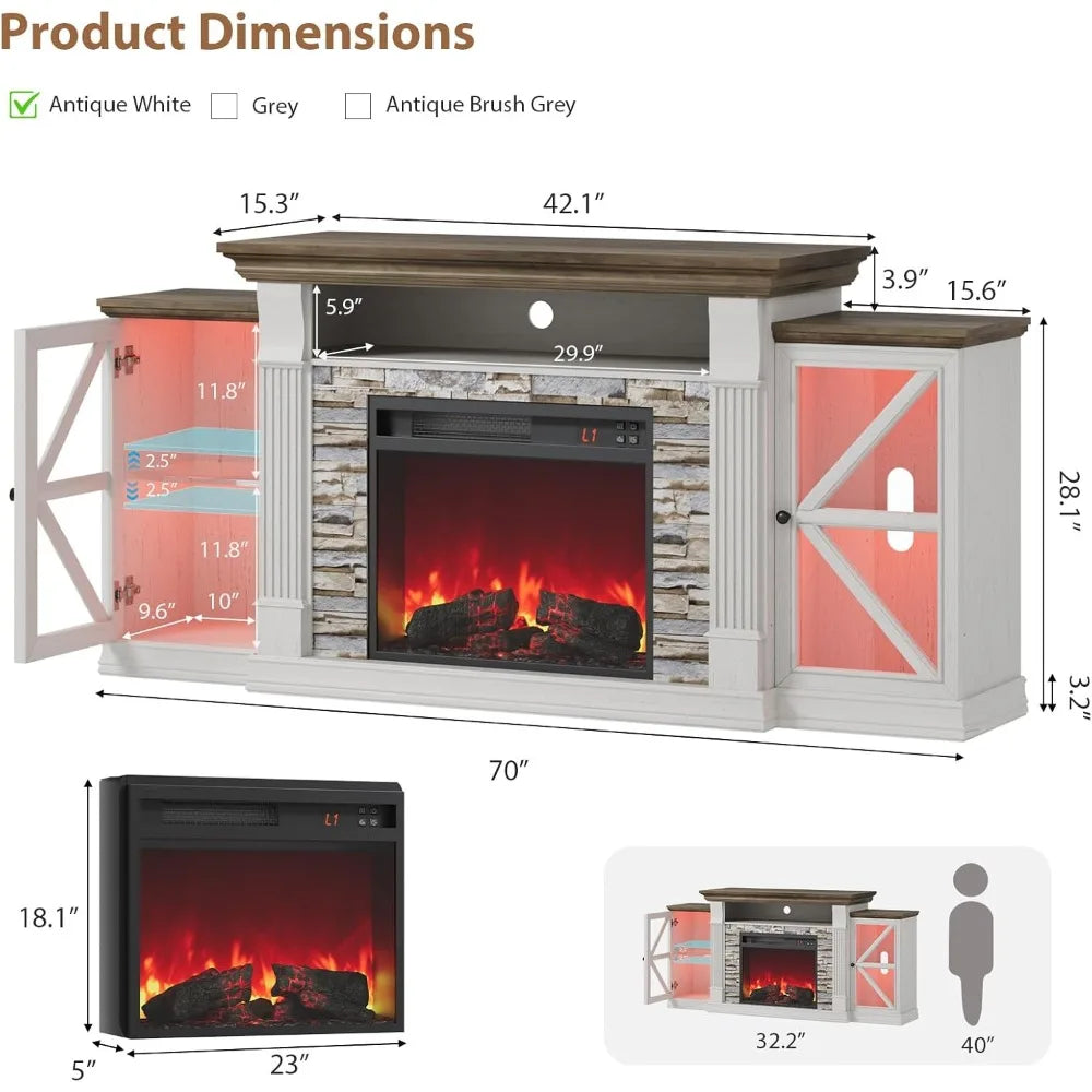 Electric Fireplace TV Stand, 70" Farmhouse Entertainment Center with Open Shelf and Glass Barn Door Cabniet,