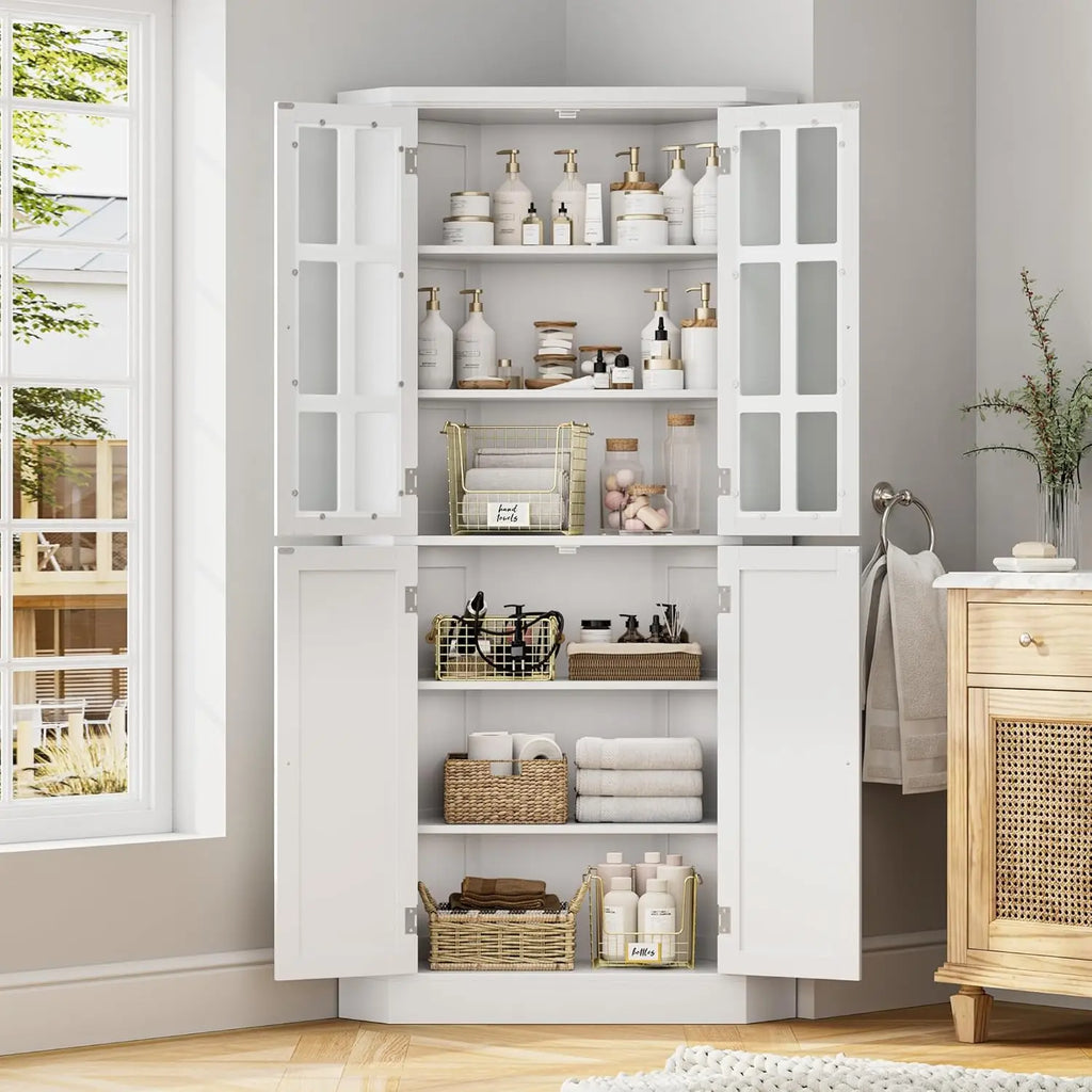 67" Corner Cabinet, Corner Kitchen Pantry with Doors, Farmhouse Kitchen Cabinet with 6 Storage Shelves, Space Saver