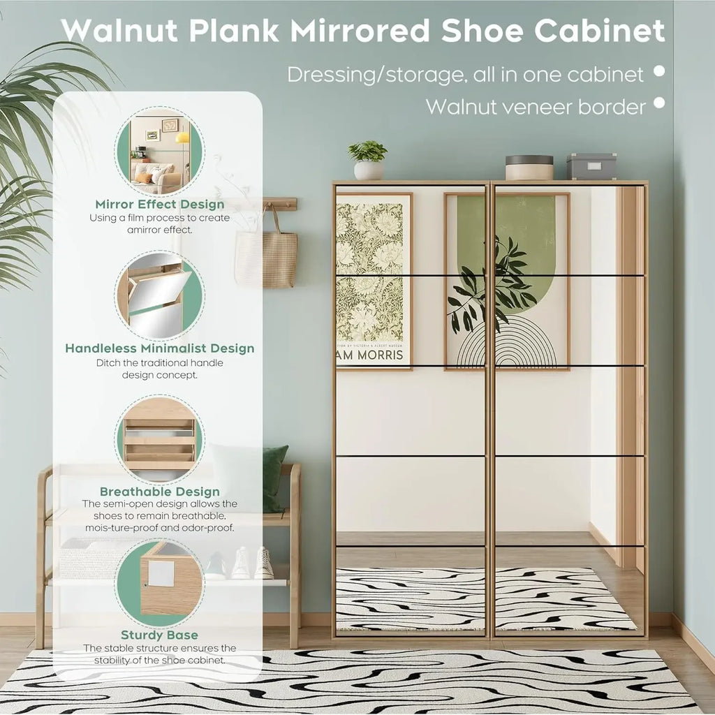 Mirror Shoe Cabinet with 5 Flip Drawers, Shoe Rack Storage Organizer, Entryway Shoe Cabinet for Front Door, Foyer, Hallway