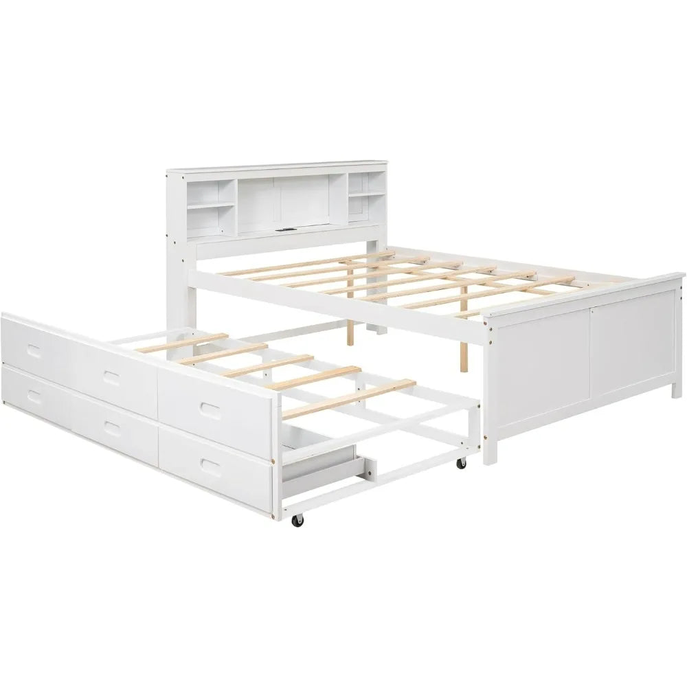 White Full Size Platform Bed with Storage, USB Ports, Wood Frame, Twin Trundle, and 3 Drawers