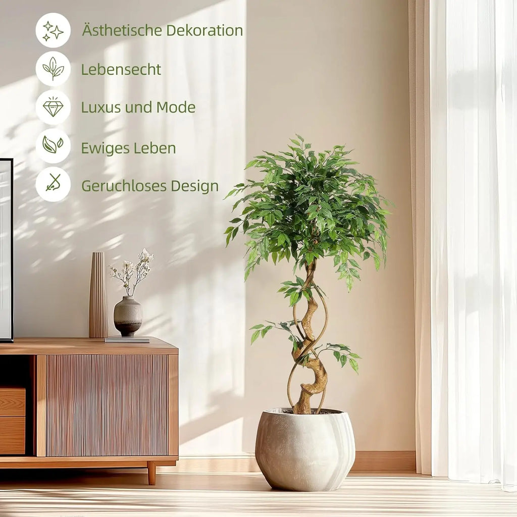 Artificial Ficus Tree 120/150/180cm with White Planter, Large Faux Weeping Fig with Curved Trunk and 1860 Silk Leaves, Lifelike Indoor Plant for Living Room/ Bedroom/ Office Decor, No Maintenance