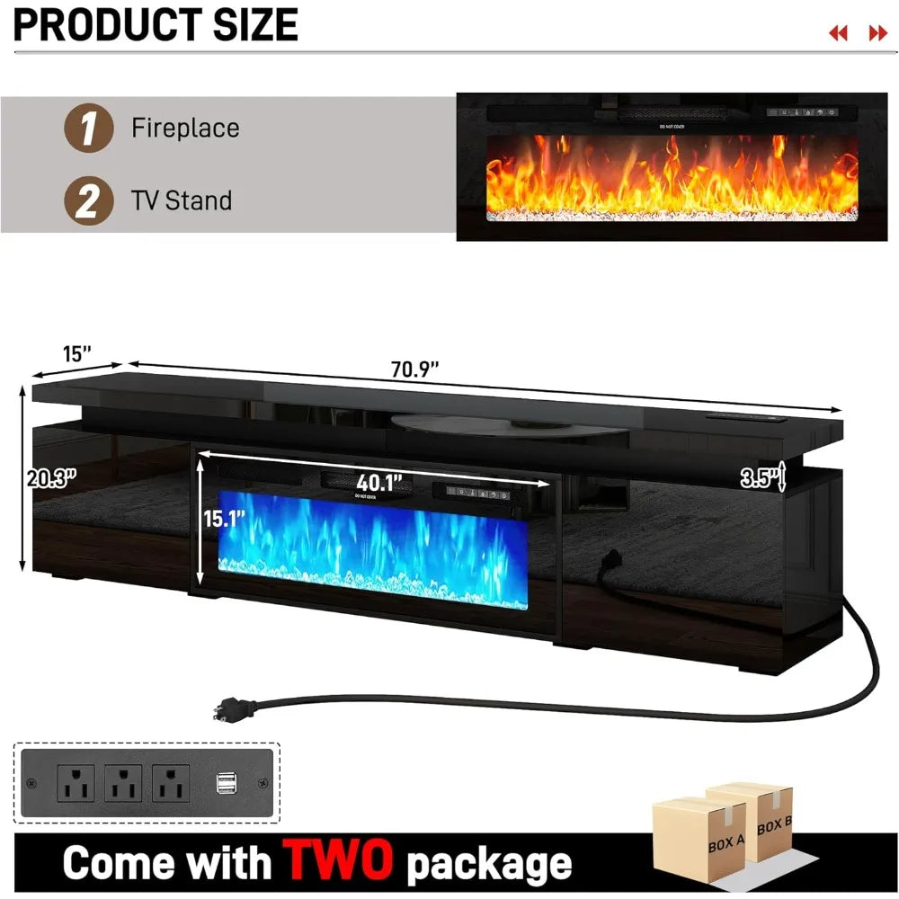 Fireplace TV Stand for 80" TV, 71" LED TV Stand with 40" Electric Fireplace & Power Outlet, High Gloss Surface, 2 Storage Cabinets