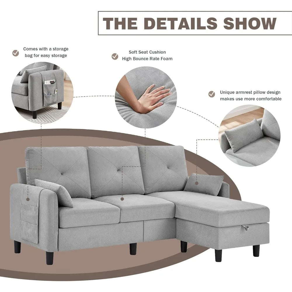 Modern 3-Seat L-Shaped Convertible Sectional Sofa with Reversible Ottoman and Storage Pocket for Small Spaces