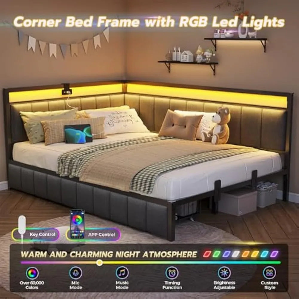 Full Size Platform Bed with Storage Drawers, Charging Station, LED Lights, and Upholstered Corner Frame