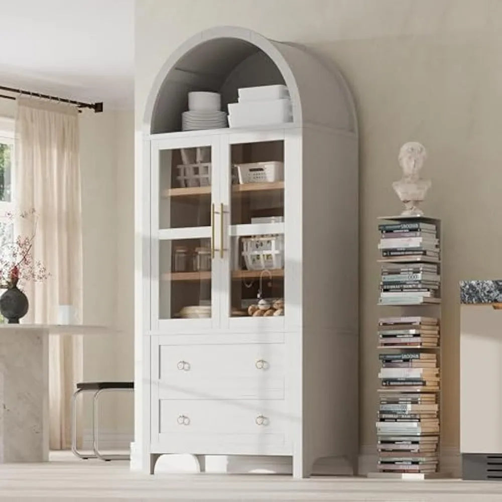 71" Tall Arched Farmhouse Style Cabinet with Glass Doors and Two Large Drawers - Adjustable Shelves for Modern Kitchen