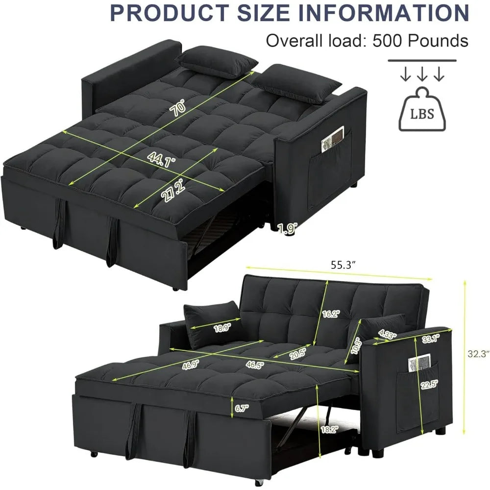 55.3 Inch 3-in-1 Velvet Futon Bed and Loveseat, Convertible Sleeper Sofa with Pillows and Pockets for Living Rooms and Apartment