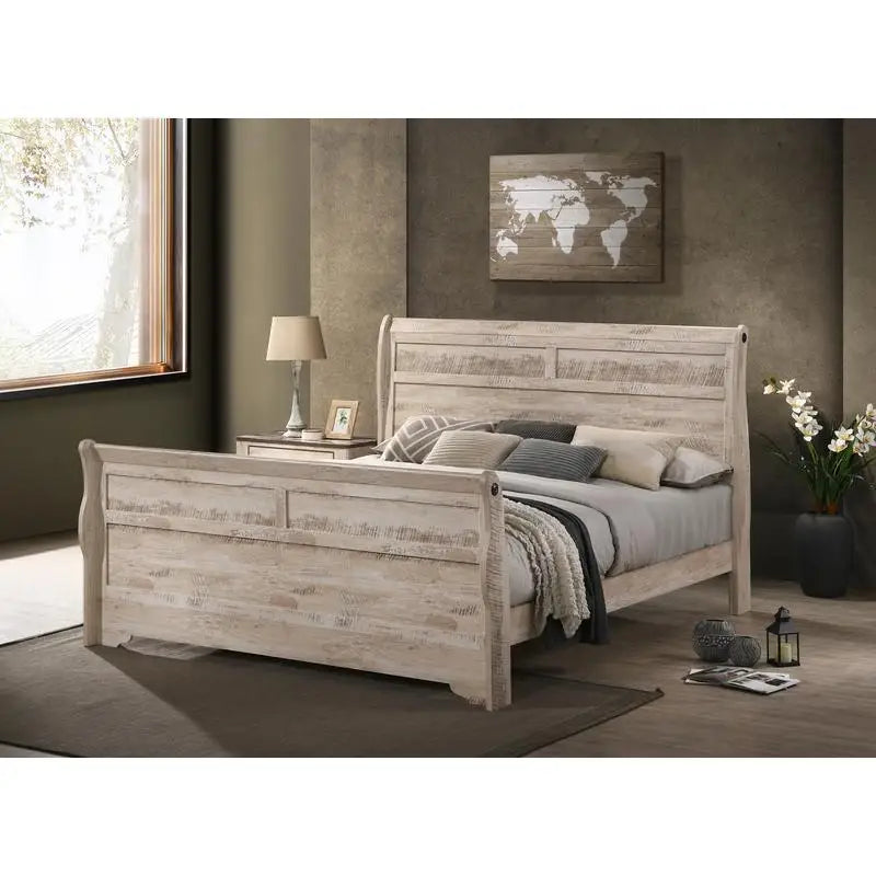 Contemporary White Wash Finish King Sleigh Bed Set with Dresser, Mirror, and 2 Nightstands