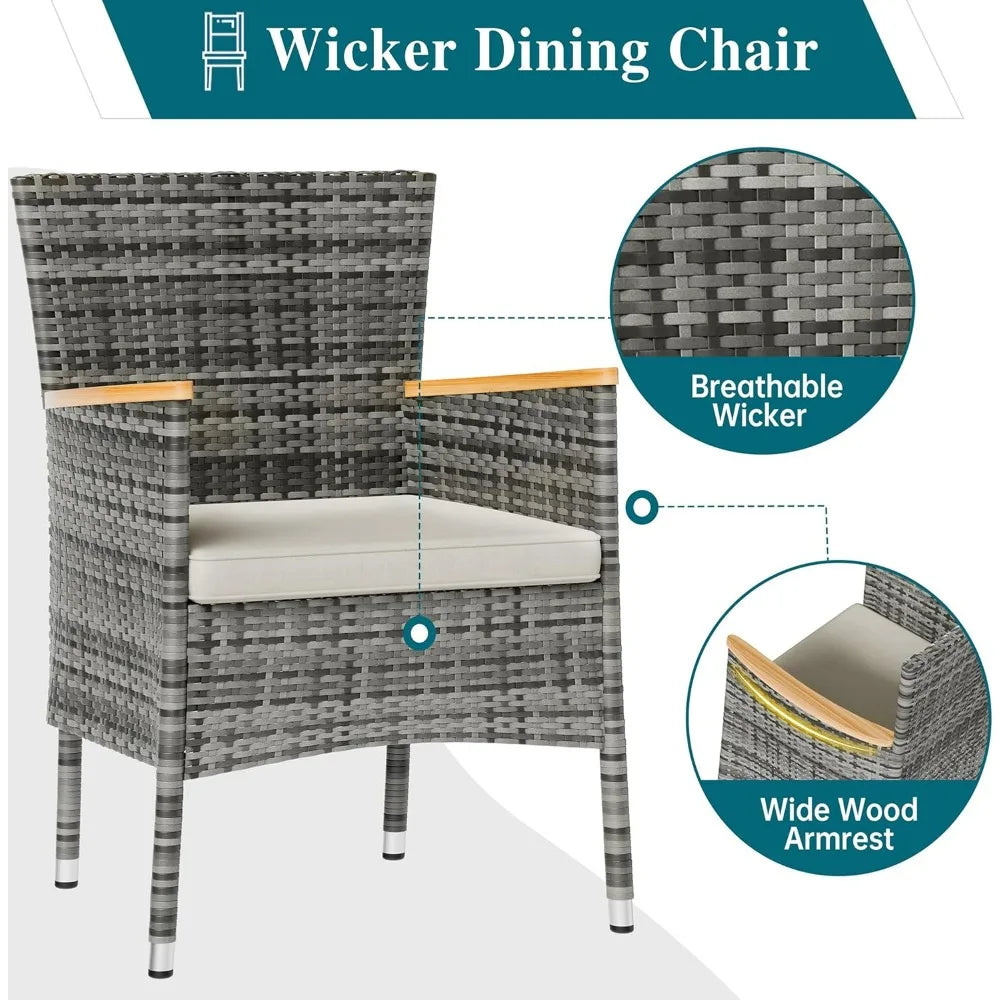 7-Piece Wicker Outdoor Dining Set with Wooden Table and Cushioned Chairs