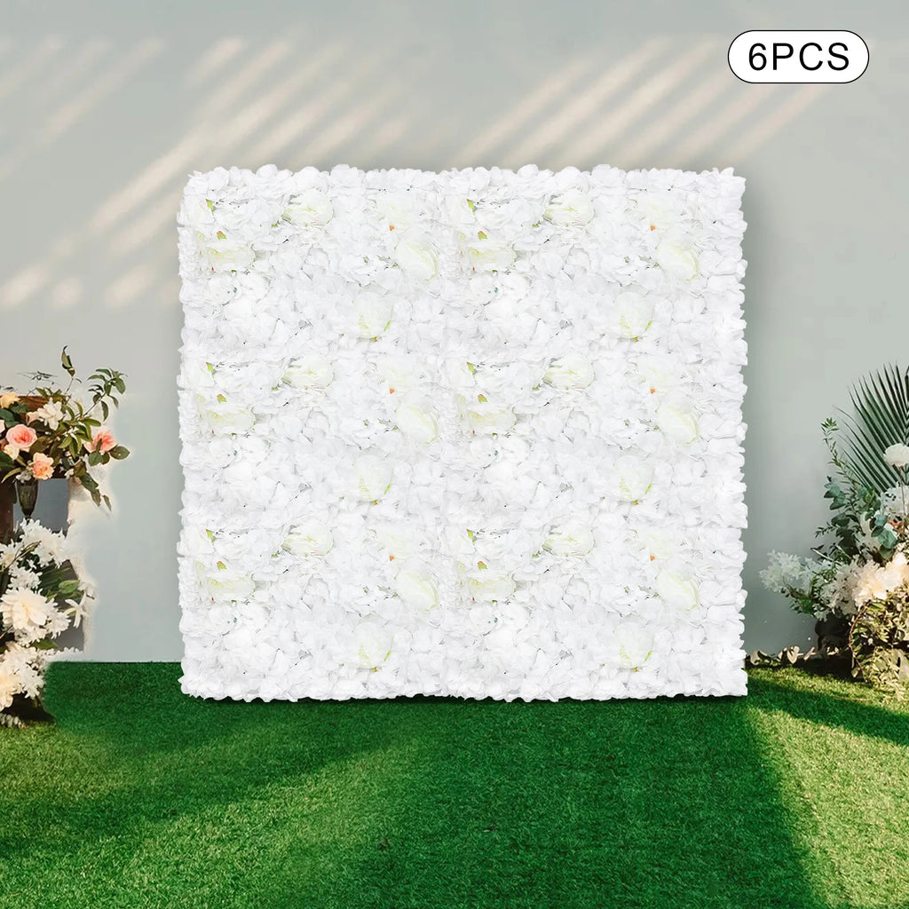 6 Pack Artificial Flower Wall Panels, 60x40cm Large Silk Rose/ Peony /Dahlia/ Hydrangea Flowers for Wedding Backdrop /Home Room Wall Decor, White Fake Floral Grid Panel Set for Indoor Outdoor Fence Privacy Screen Party/ DIY D