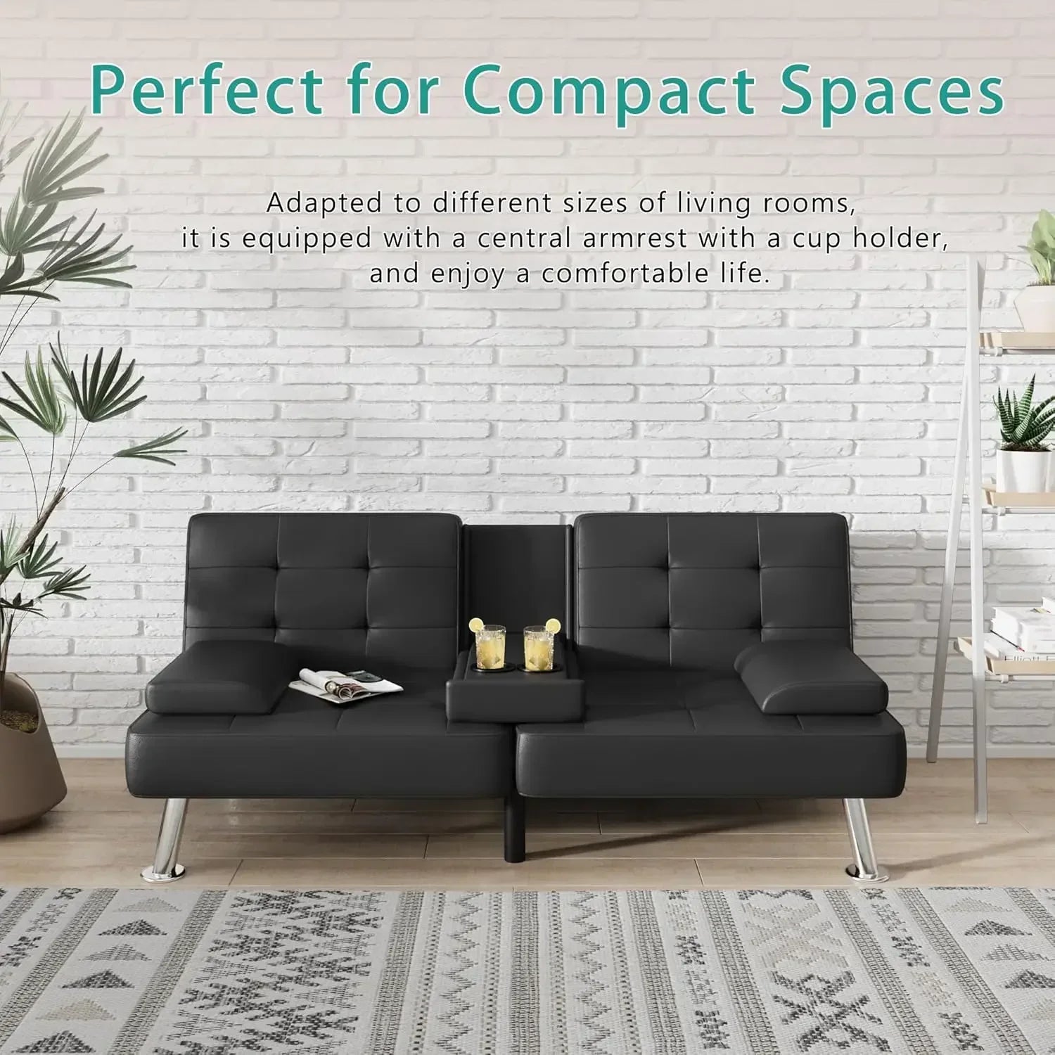 Futon Sofa Bed Modern Folding Futon Set Convertible Recliner Lounge for Living Room with 2 Cup Holders