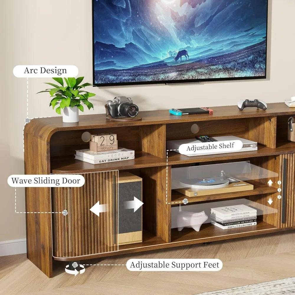Mid-Century Modern Wood TV Stand for 75-80" TVs, Storage-Friendly Entertainment Center Console