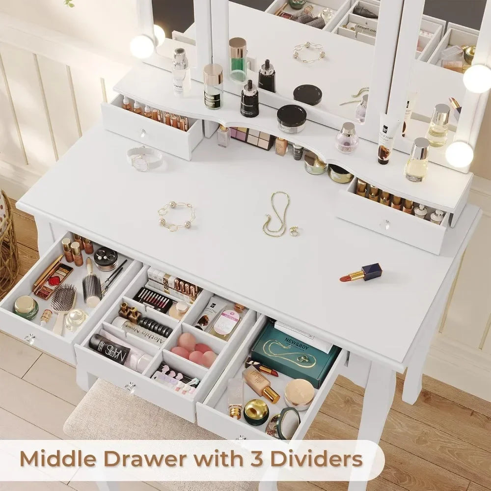 New Vanity Table Set with Lighted Tri-Folding Mirror, Makeup Vanity with Lights & 3 Color Lighting Modes, Vanity Desk/ Mirror