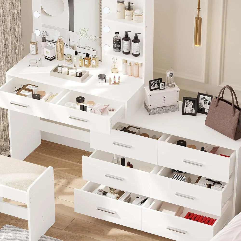 65-inch Vanity Desk with Luminated Mirror and 8-Drawer Storage Makeup Table