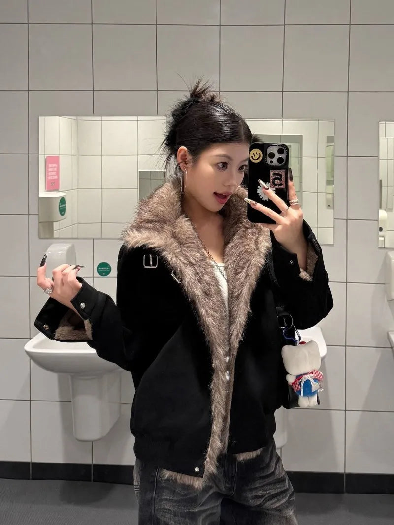 Winter Solid Color Motorcycle Suit, Slim Plus Velvet Short Coat, Youth Female Fur Collar, Splicing Stand Collar, Casual Joker Jacket