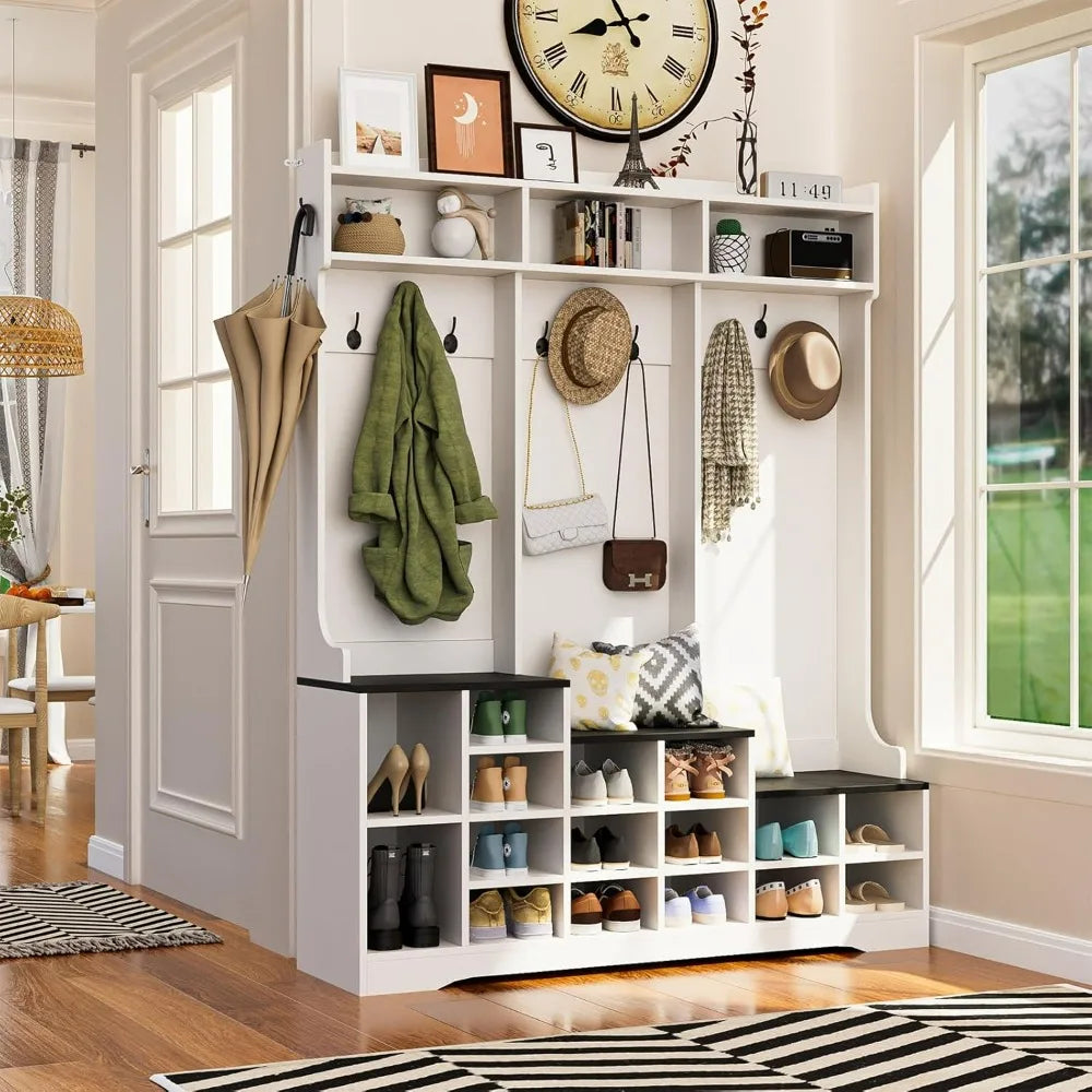 Farmhouse Style 77 Entryway Bench with Shoe Storage and Coat Rack, Featuring 16 Shoe Cubbies and 10 Hooks, Dimensions 15.8 Depth