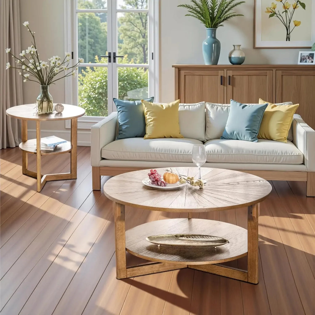 Wood Round Coffee Table for Living Room, 2 Tier Circle Coffee Table with Storage, Rustic Natural Coffee Table (35" Dx35 Wx18 H)