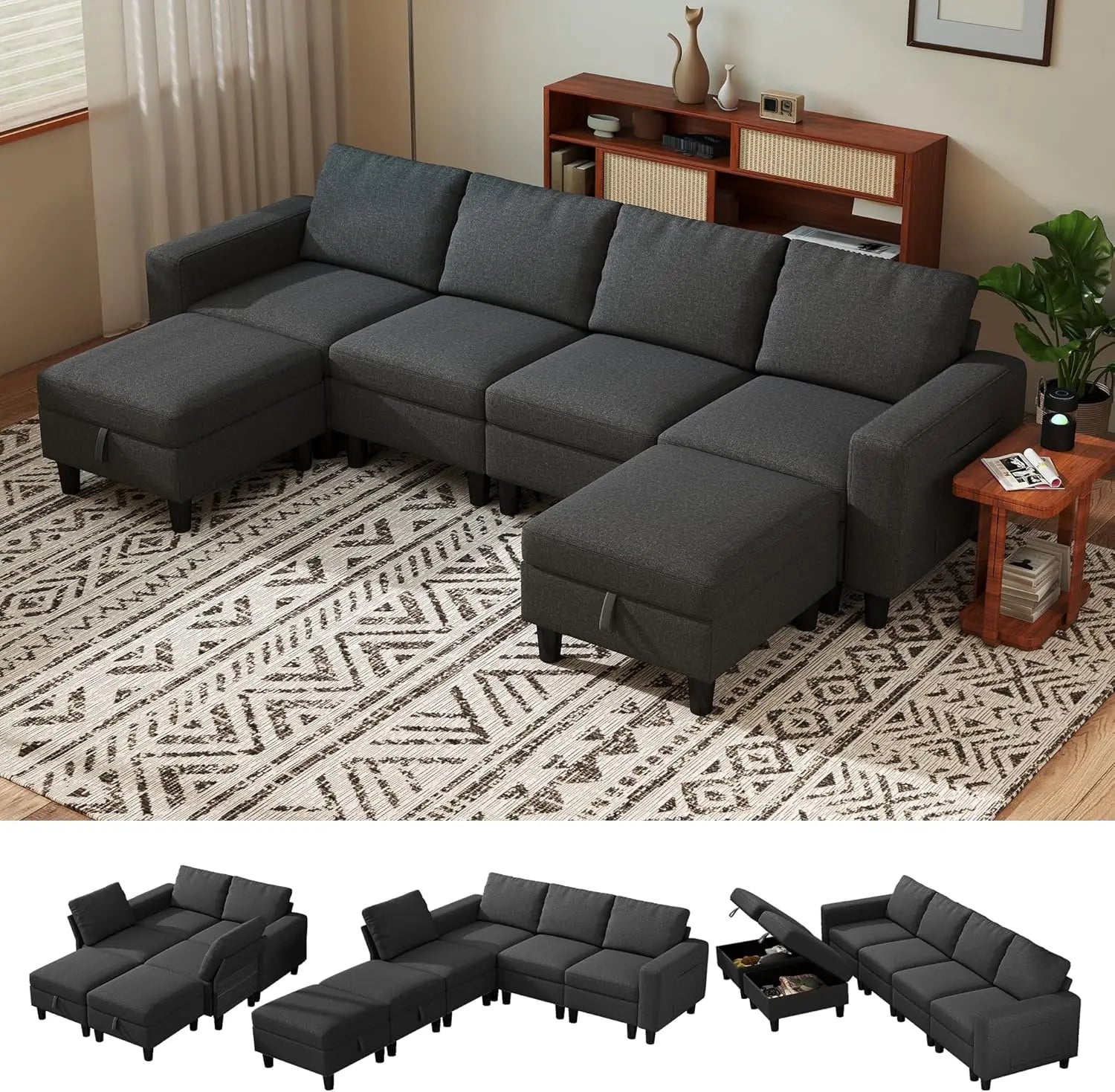 Modular Sectional Sofa, 110" Modular Couch with Storage & Adjustable Backrest, 6-Seat Convertible Sectional Couches