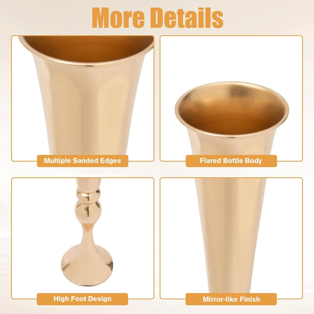 6 Pcs 22.2" Tall Gold Vases for Centerpieces, Tall Wedding Flower Vase with Gold-Plated Finish, High-Foot Design, Metal Trumpet Centerpieces/ Vases for Wedding Party Event
