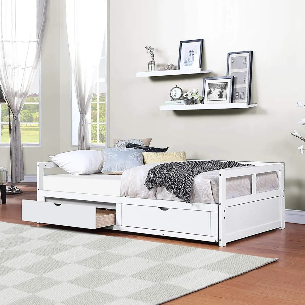 Expandable Solid Wood Daybed with Trundle and Storage Drawers, Convertible Twin to King Size Bed, Easy Assembly for Bedroom